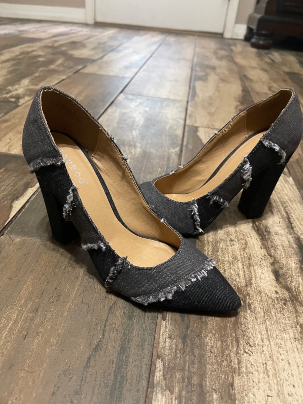BAMBOO Black and Gray Frayed Denim Pointed-Toe Block Heels